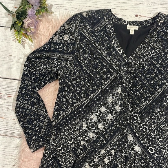 Garnet Hill Drop Waist Button Up Bohemian Print Black White Shirt Dress - Picture 5 of 9